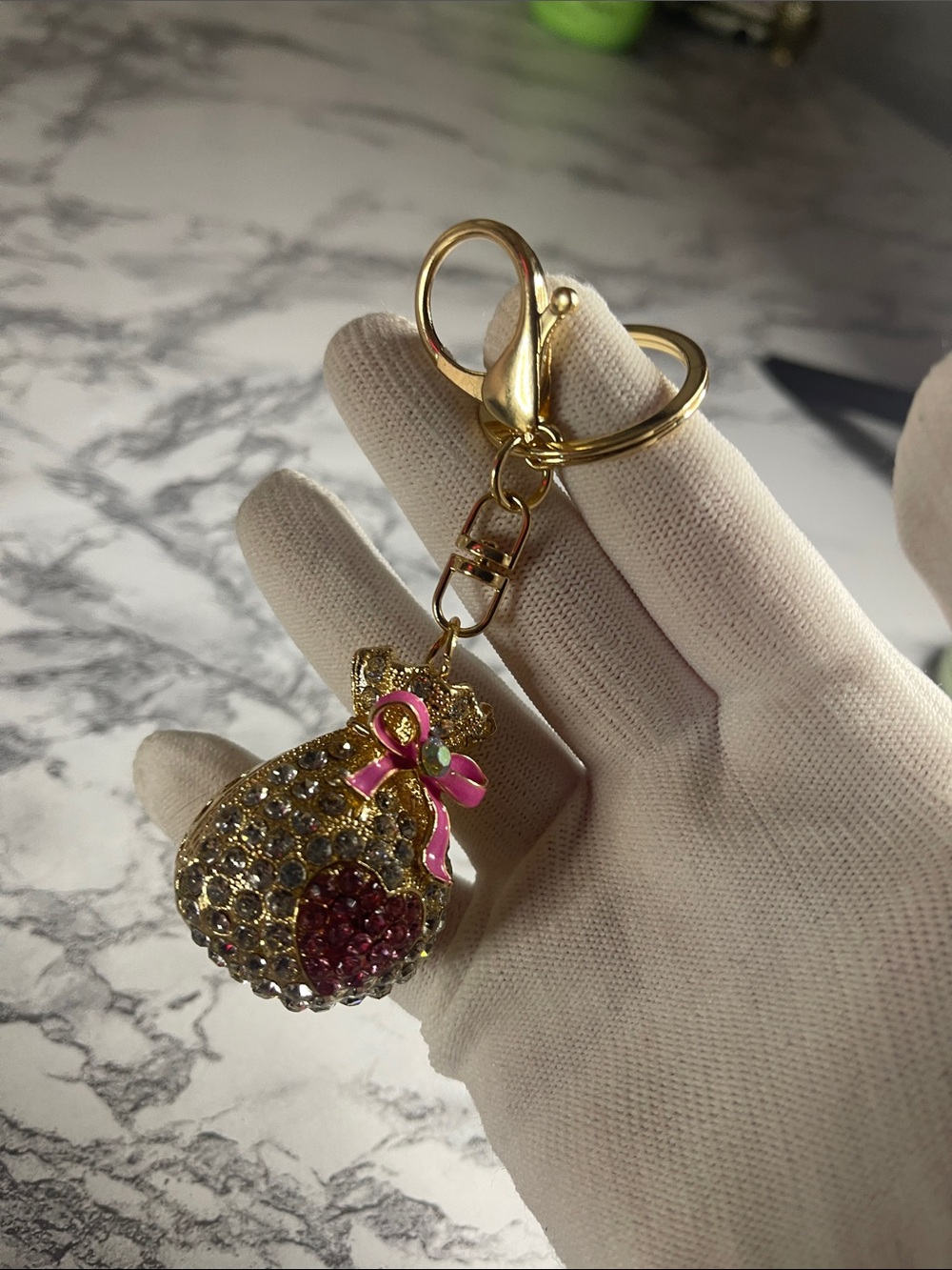 Gold-Tone Crystal Bag & Key Charm with Pink Enamel Bow and Heart